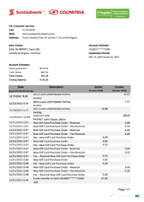 Download Colombia Scotiabank Colpatria bank statement excel Photoshop template